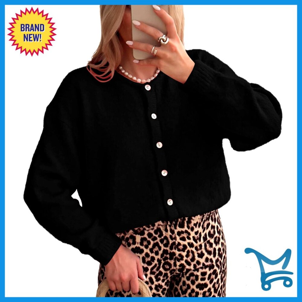 Long Sleeve Button Front Cardigan Sweater Crew Neck Knit Outerwear